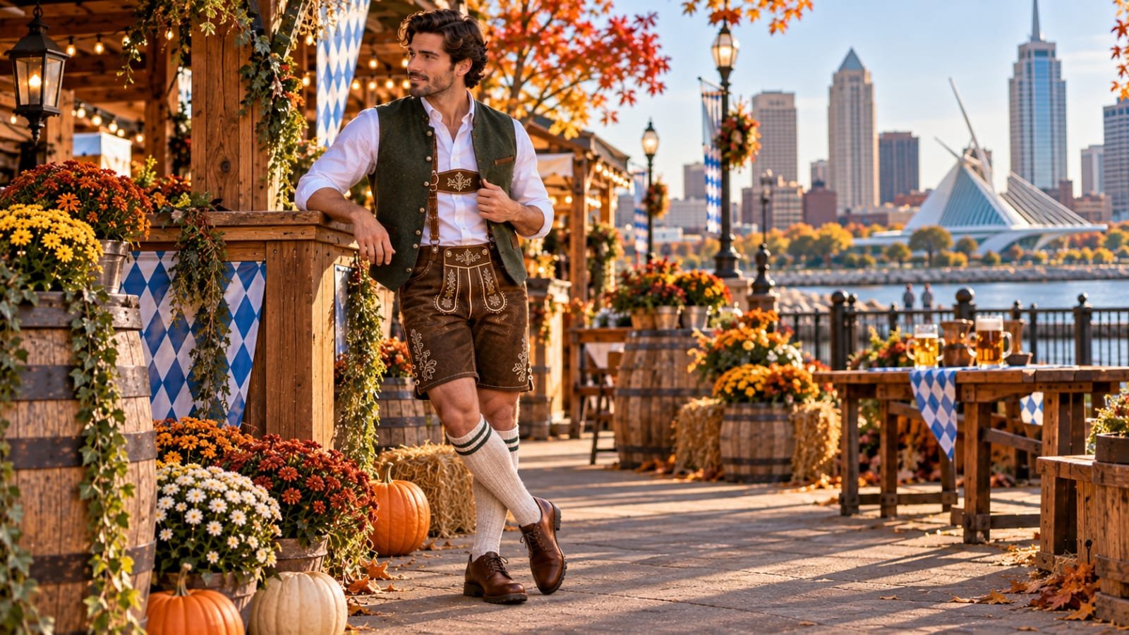 Man wearing traditional brown lederhosen, a green vest, and white shirt at an autumn Oktoberfest-style festival in Milwaukee, Wisconsin.