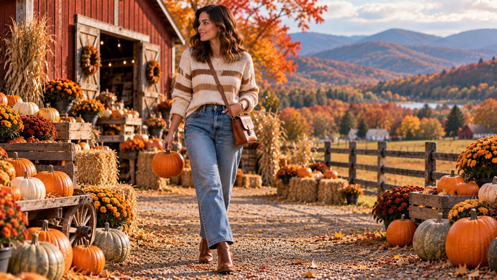 Woman wearing a cozy sweater, straight-leg jeans, brown ankle boots, and a leather crossbody bag at a Hudson Valley pumpkin farm