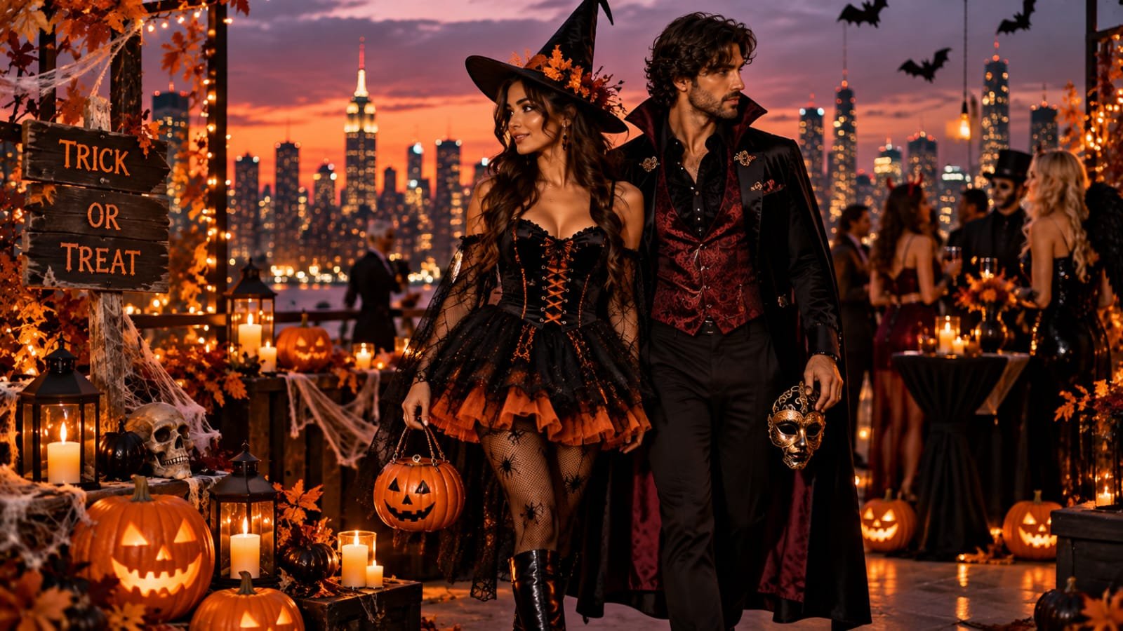 Couple dressed as a stylish witch and vampire for Halloween, wearing coordinated black and burgundy costumes at a rooftop Halloween party.