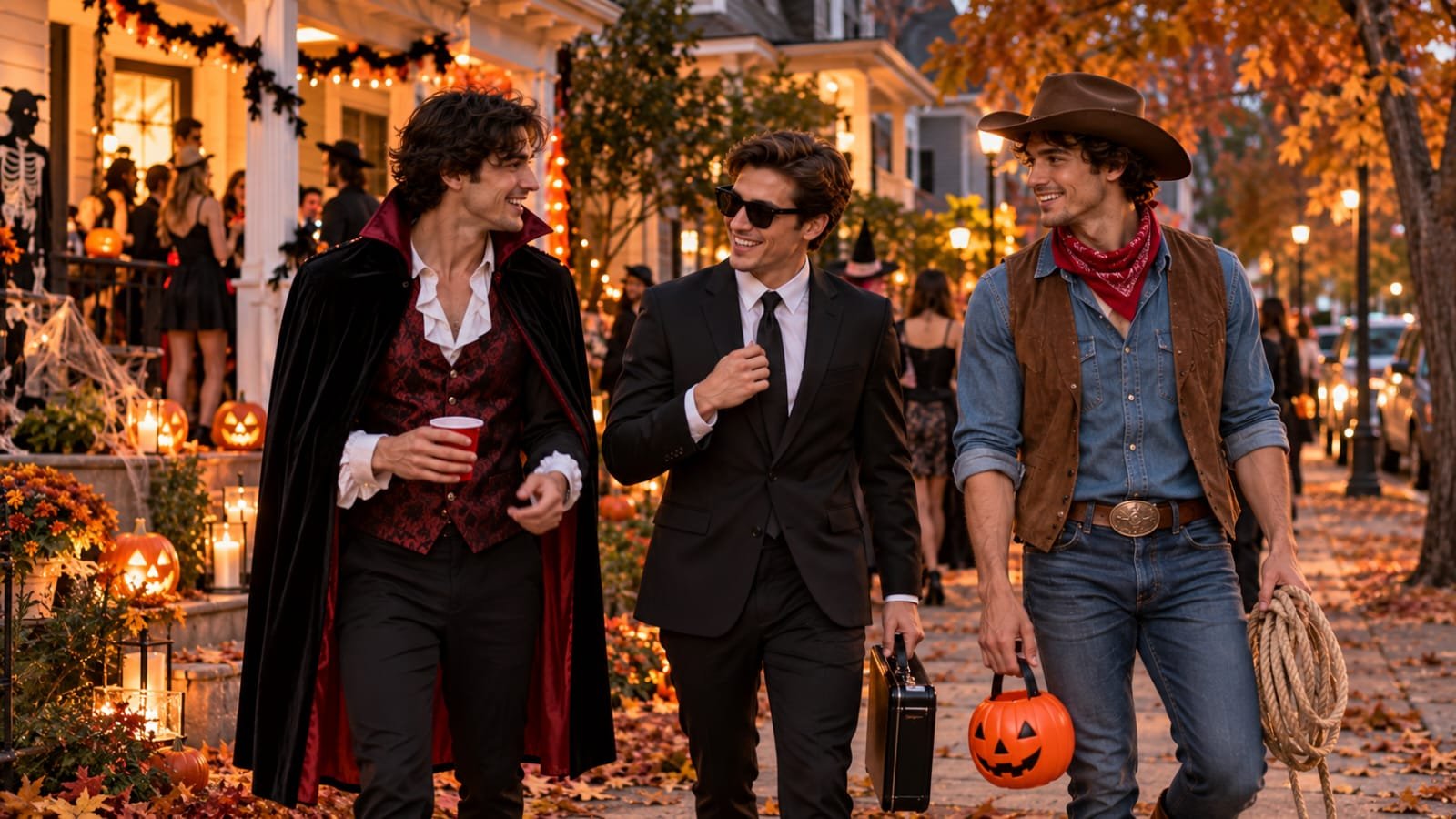 Three men wearing stylish last-minute Halloween costumes at an autumn party.