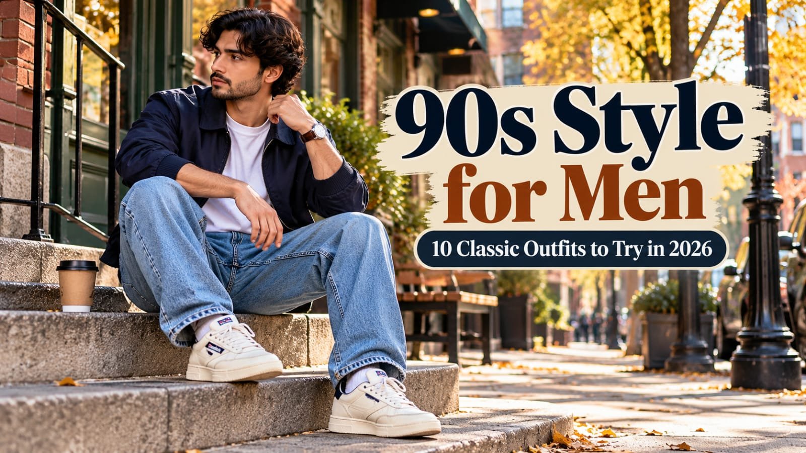 90s style for men featuring classic streetwear outfits with denim jackets, flannels, graphic tees, relaxed jeans, and retro sneakers.