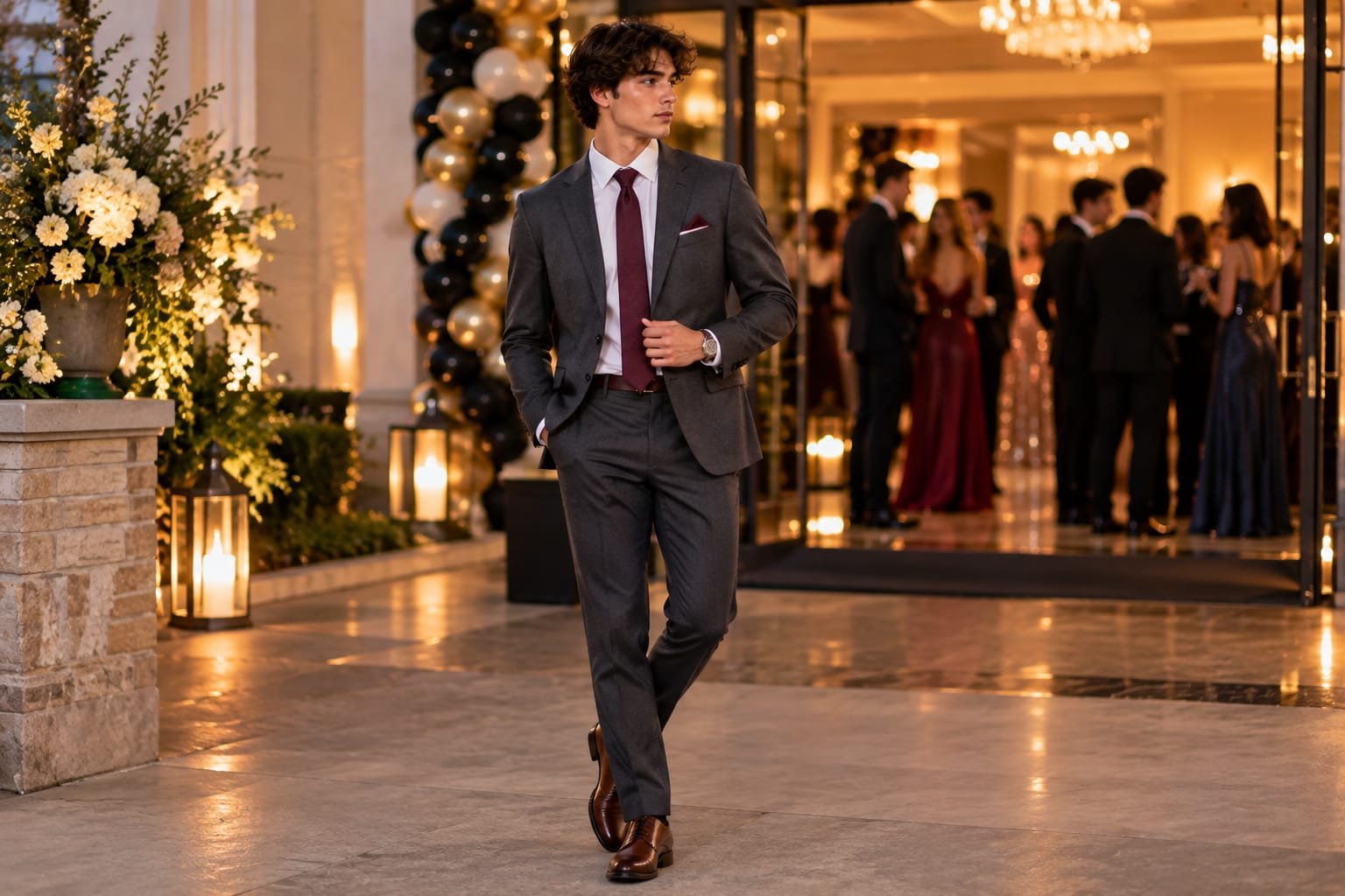 Young man wearing a charcoal suit, white shirt, burgundy tie, and brown leather shoes at a stylish homecoming event.