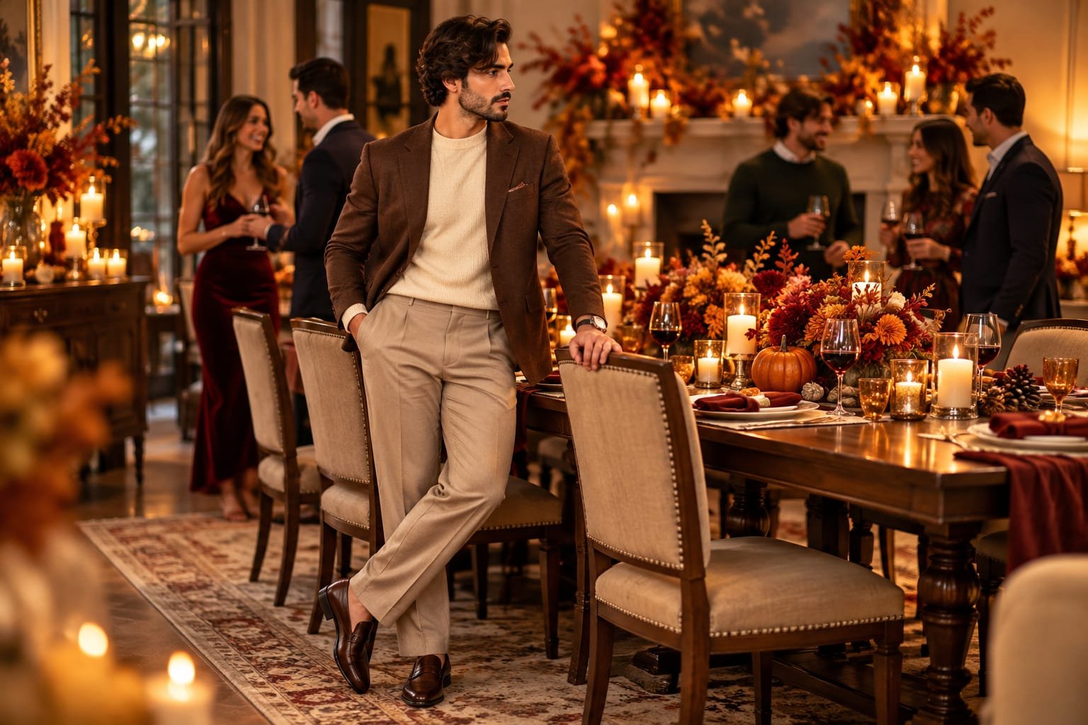 Stylish Thanksgiving outfits for men featuring a brown blazer, cream knit sweater, tailored trousers, and brown loafers at an elegant Thanksgiving dinner