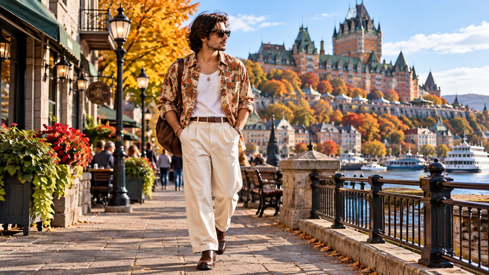 Man wearing a brown plaid shirt, white tee, baggy jeans, sunglasses, and sneakers by a Canadian waterfront.