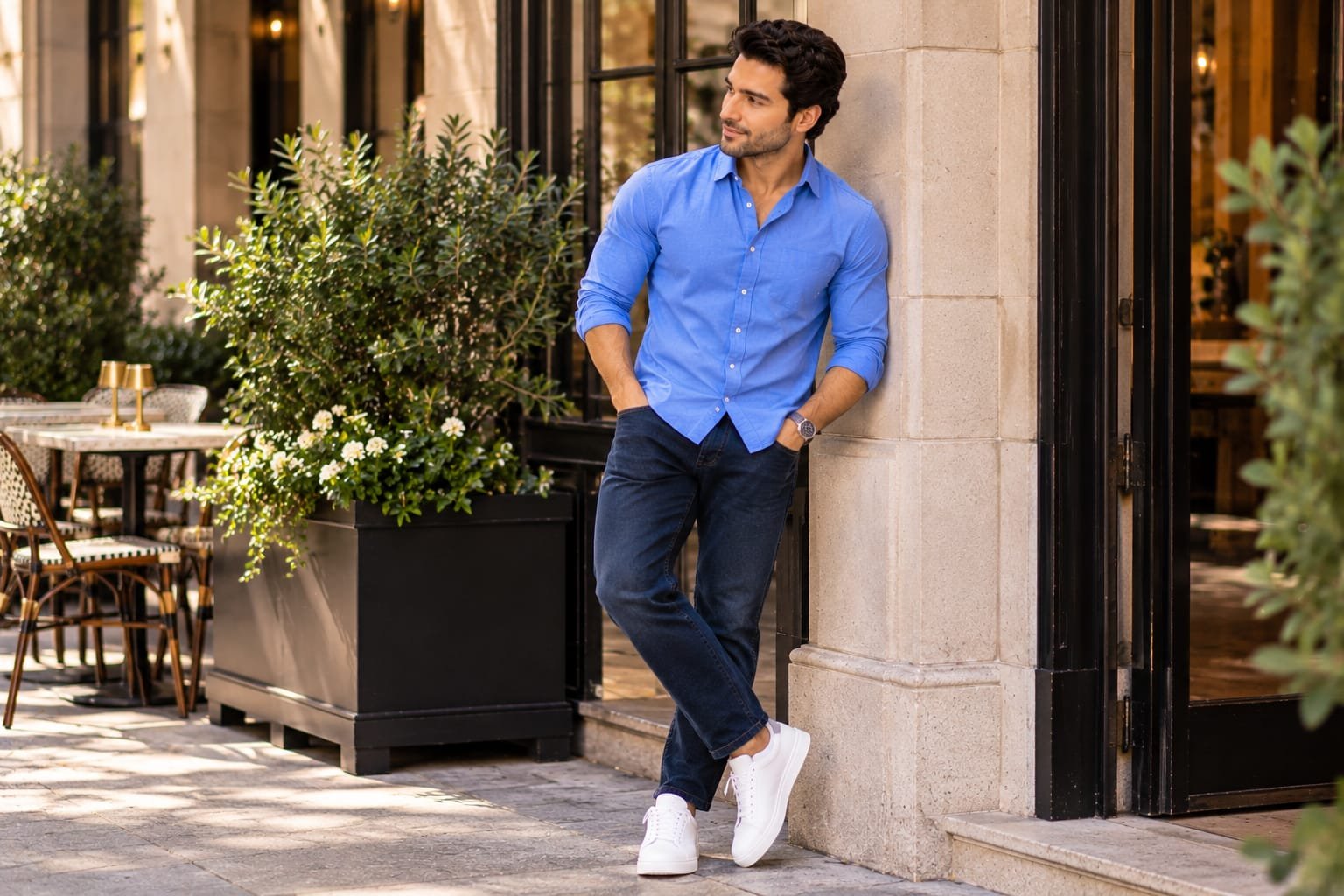 Man wearing a blue button-down shirt, dark jeans, and white sneakers leaning against a stone café entrance.