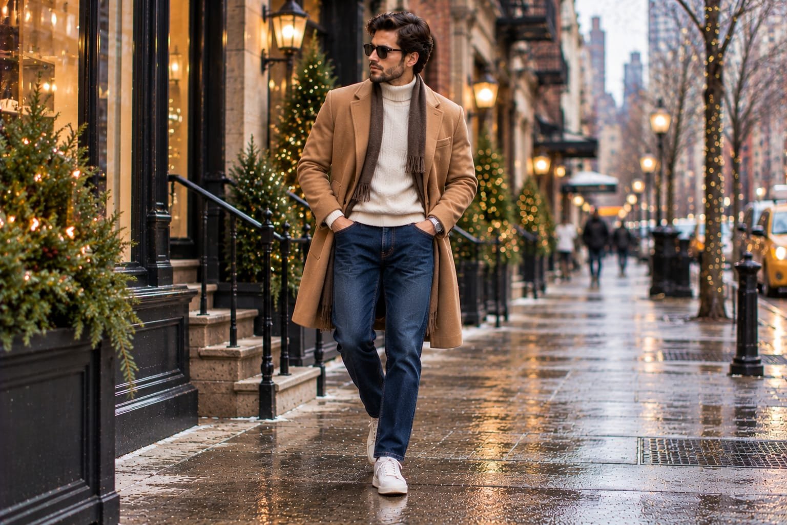 Man wearing a camel winter overcoat, ivory knit sweater, dark blue jeans, and white sneakers on a city street.